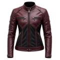 Women’s Burgundy Black Leather Biker Jacket | Moto Style Zip Jacket