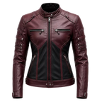 Women’s Burgundy Black Leather Biker Jacket | Moto Style Zip Jacket