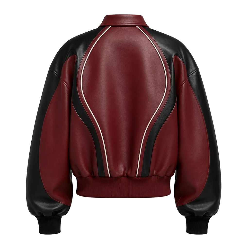 Women's Burgundy Black Leather Bomber Jacket | Zip-Up Contrast Panel Jacket