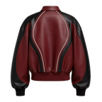 Women's Burgundy Black Leather Bomber Jacket | Zip-Up Contrast Panel Jacket