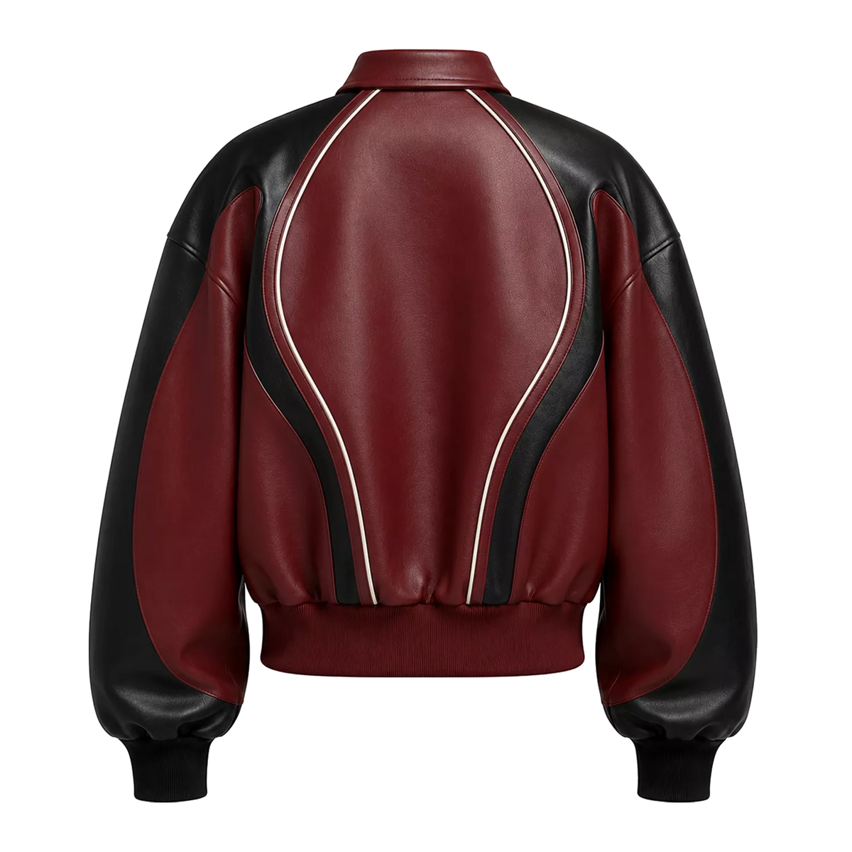 Women's Burgundy Black Leather Bomber Jacket | Zip-Up Contrast Panel Jacket