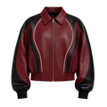 Women's Burgundy Black Leather Bomber Jacket | Zip-Up Contrast Panel Jacket