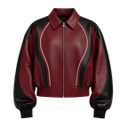 Women's Burgundy Black Leather Bomber Jacket | Zip-Up Contrast Panel Jacket