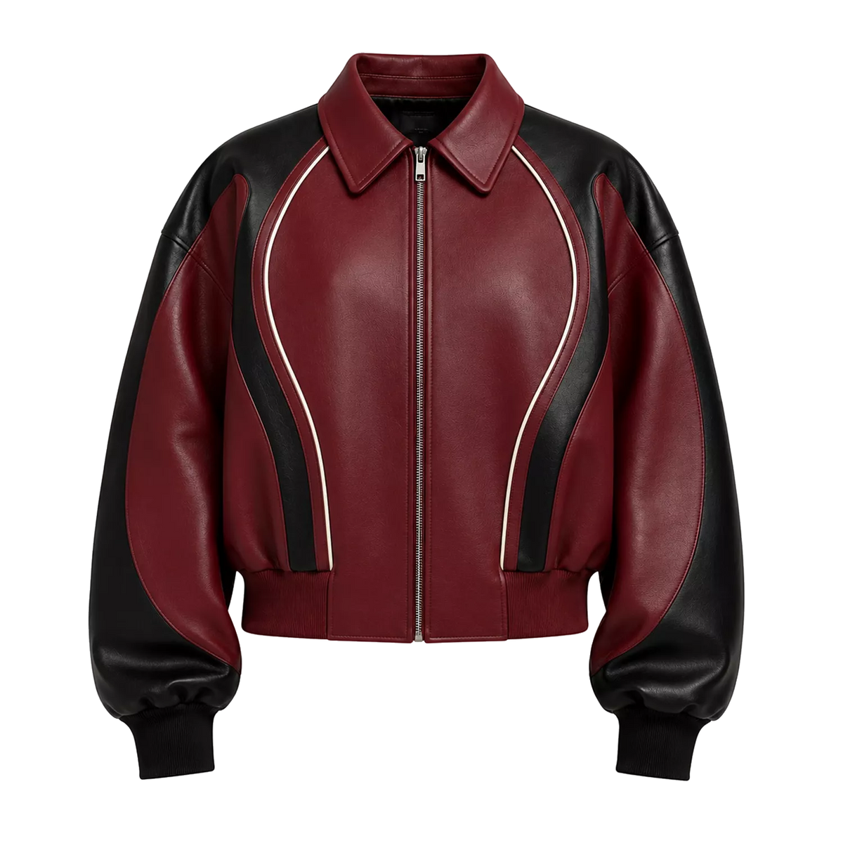 Women's Burgundy Black Leather Bomber Jacket | Zip-Up Contrast Panel Jacket