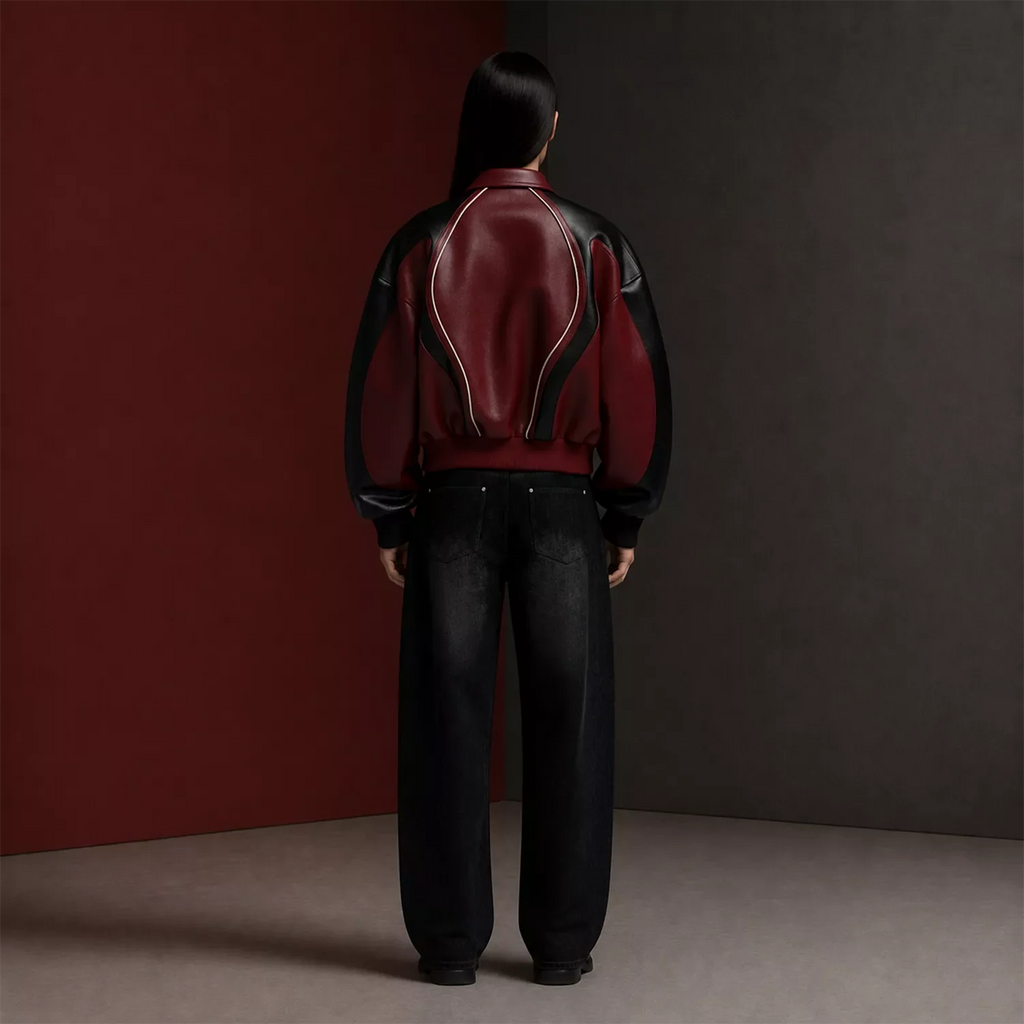 Women's Burgundy Black Leather Bomber Jacket | Zip-Up Contrast Panel Jacket