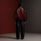 Women's Burgundy Black Leather Bomber Jacket | Zip-Up Contrast Panel Jacket