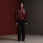 Women's Burgundy Black Leather Bomber Jacket | Zip-Up Contrast Panel Jacket