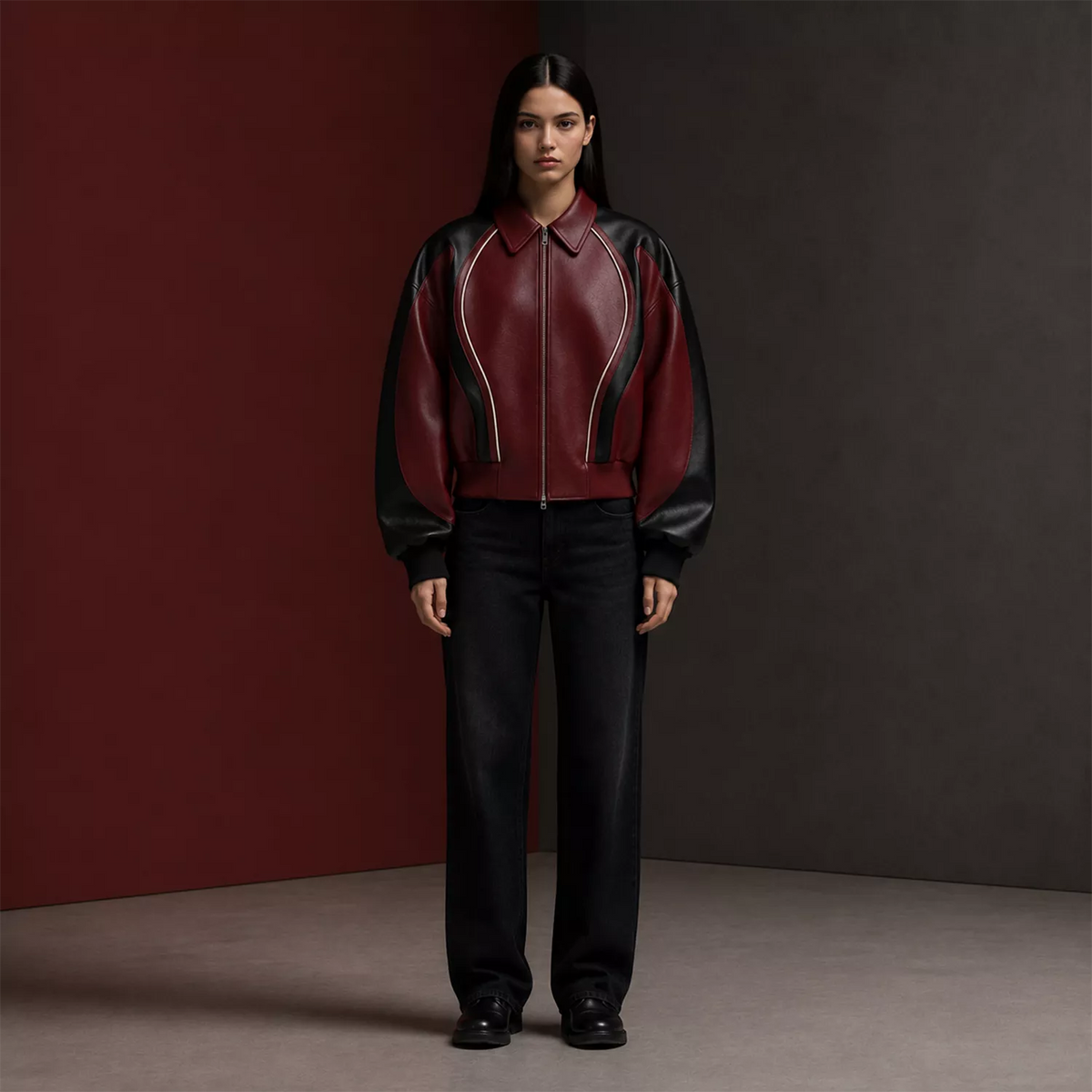 Women's Burgundy Black Leather Bomber Jacket | Zip-Up Contrast Panel Jacket