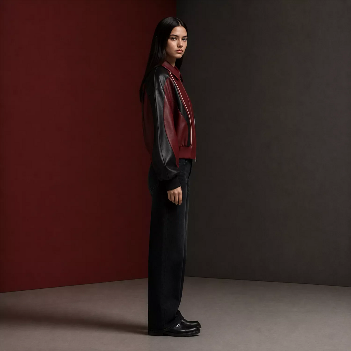 Women's Burgundy Black Leather Bomber Jacket | Zip-Up Contrast Panel Jacket