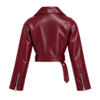 Women’s Burgundy Cropped Leather Biker Jacket | Belted Moto Style