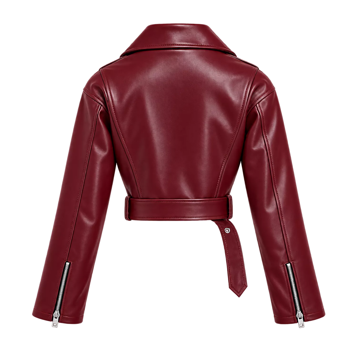 Women’s Burgundy Cropped Leather Biker Jacket | Belted Moto Style
