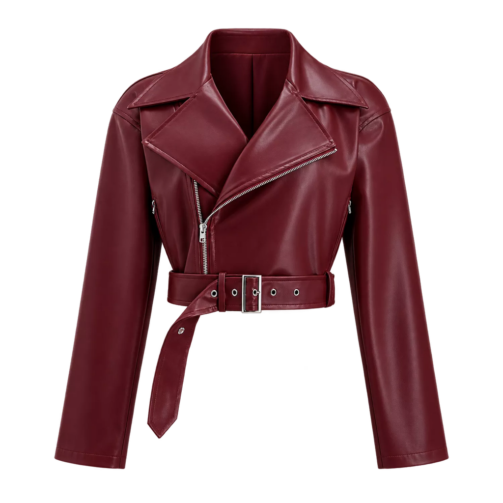 Women’s Burgundy Cropped Leather Biker Jacket | Belted Moto Style