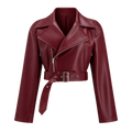 Women’s Burgundy Cropped Leather Biker Jacket | Belted Moto Style
