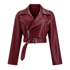 Women’s Burgundy Cropped Leather Biker Jacket | Belted Moto Style