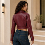 Women’s Burgundy Cropped Leather Biker Jacket | Belted Moto Style
