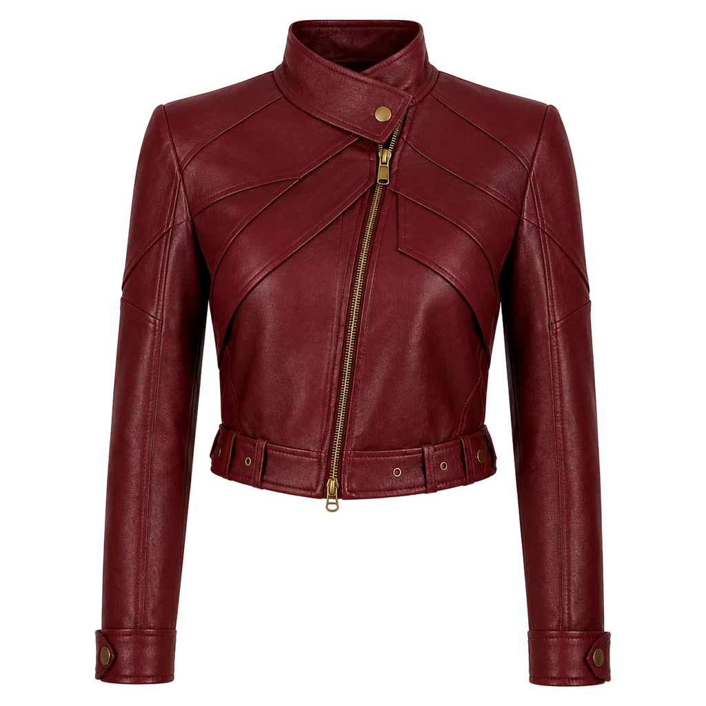 Women’s Burgundy Cropped Leather Biker Jacket | Asymmetrical Zip Moto Jacket