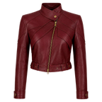 Women’s Burgundy Cropped Leather Biker Jacket | Asymmetrical Zip Moto Jacket
