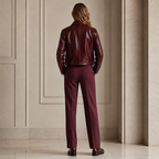 Women’s Burgundy Leather Jacket with Zip Front | Glossy Cropped Moto Jacket