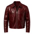 Men’s Burgundy Leather Zip Jacket with Shirt Collar | Glossy Casual Moto Jacket