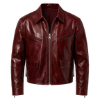 Men’s Burgundy Leather Zip Jacket with Shirt Collar | Glossy Casual Moto Jacket