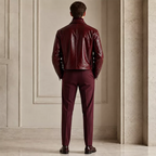Men’s Burgundy Leather Zip Jacket with Shirt Collar | Glossy Casual Moto Jacket