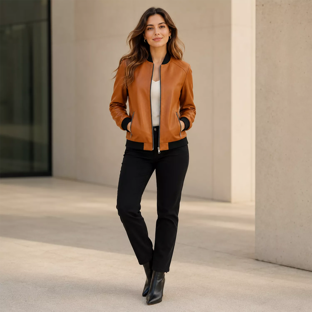 Women’s Camel Brown Leather Bomber Jacket with Black Ribbed Collar