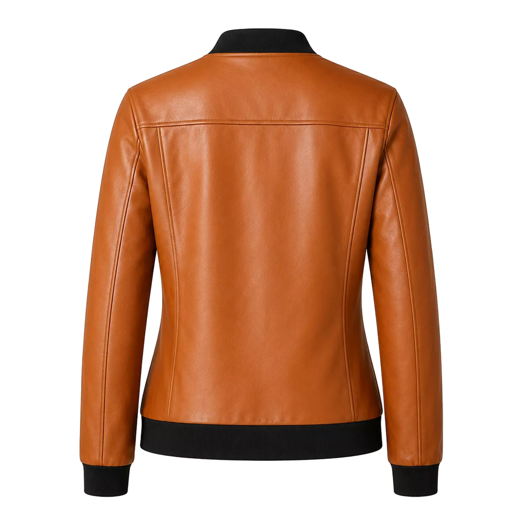 Women’s Camel Brown Leather Bomber Jacket with Black Ribbed Collar