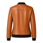 Women’s Camel Brown Leather Bomber Jacket with Black Ribbed Collar