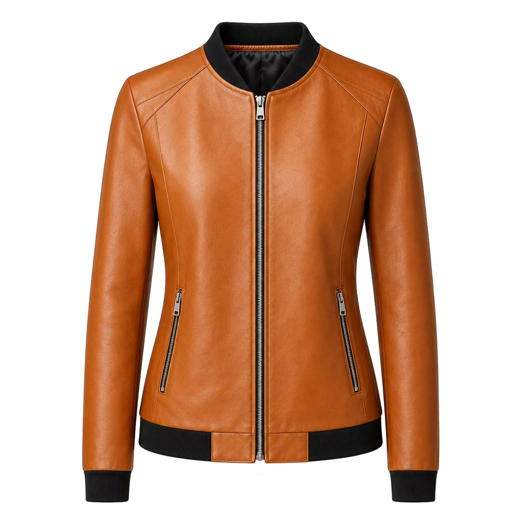 Women’s Camel Brown Leather Bomber Jacket with Black Ribbed Collar