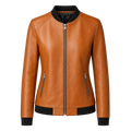 Women’s Camel Brown Leather Bomber Jacket with Black Ribbed Collar