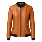 Women’s Camel Brown Leather Bomber Jacket with Black Ribbed Collar