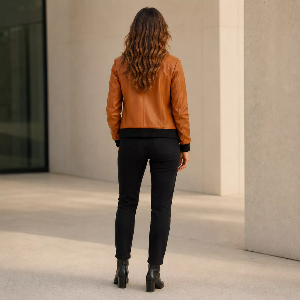 Women’s Camel Brown Leather Bomber Jacket with Black Ribbed Collar