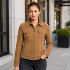 Women’s Camel Suede Leather Trucker Jacket | Button-Up Casual Jacket