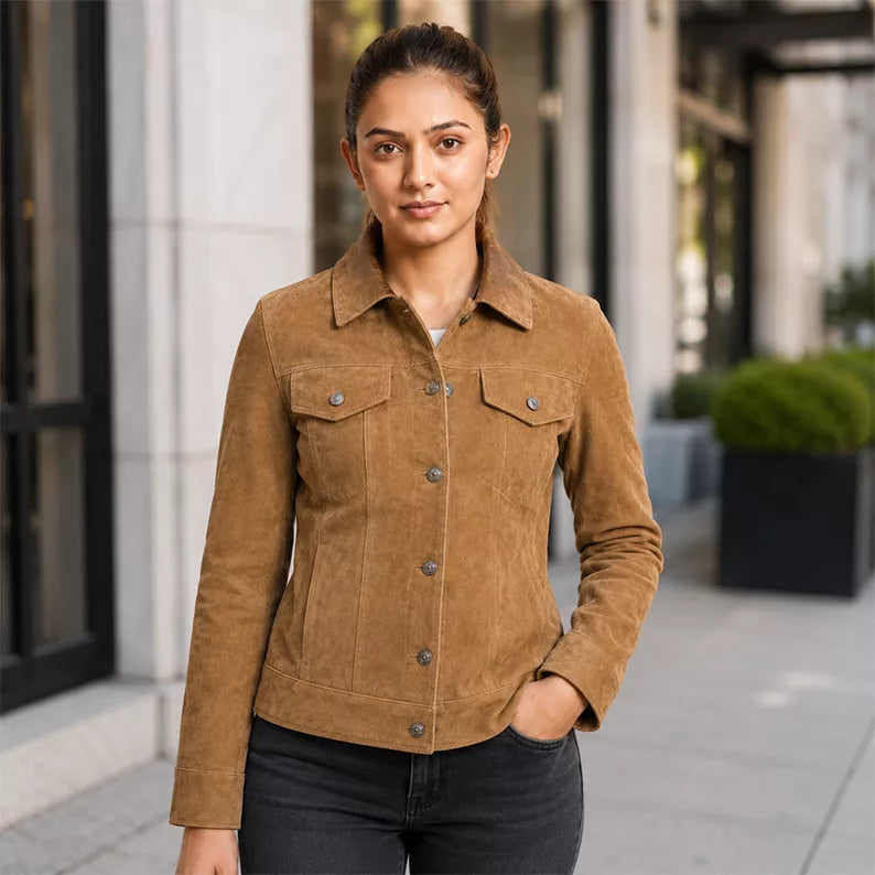 Women’s Camel Suede Leather Trucker Jacket | Button-Up Casual Jacket