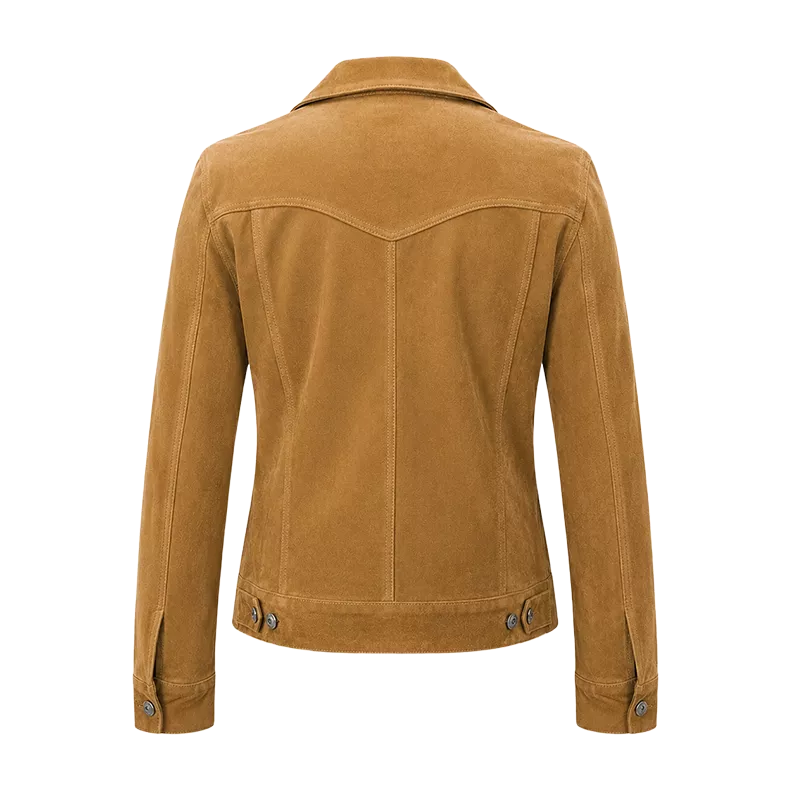 Women’s Camel Suede Leather Trucker Jacket | Button-Up Casual Jacket