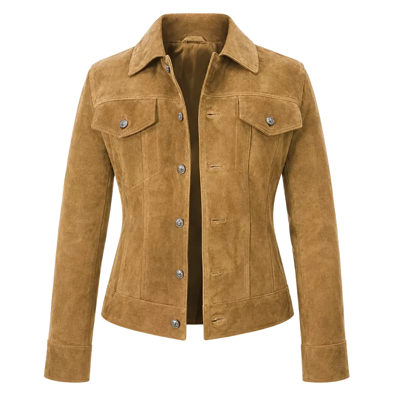 Women’s Camel Suede Leather Trucker Jacket | Button-Up Casual Jacket