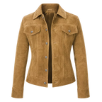 Women’s Camel Suede Leather Trucker Jacket | Button-Up Casual Jacket