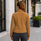 Women’s Camel Suede Leather Trucker Jacket | Button-Up Casual Jacket