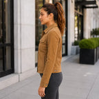 Women’s Camel Suede Leather Trucker Jacket | Button-Up Casual Jacket