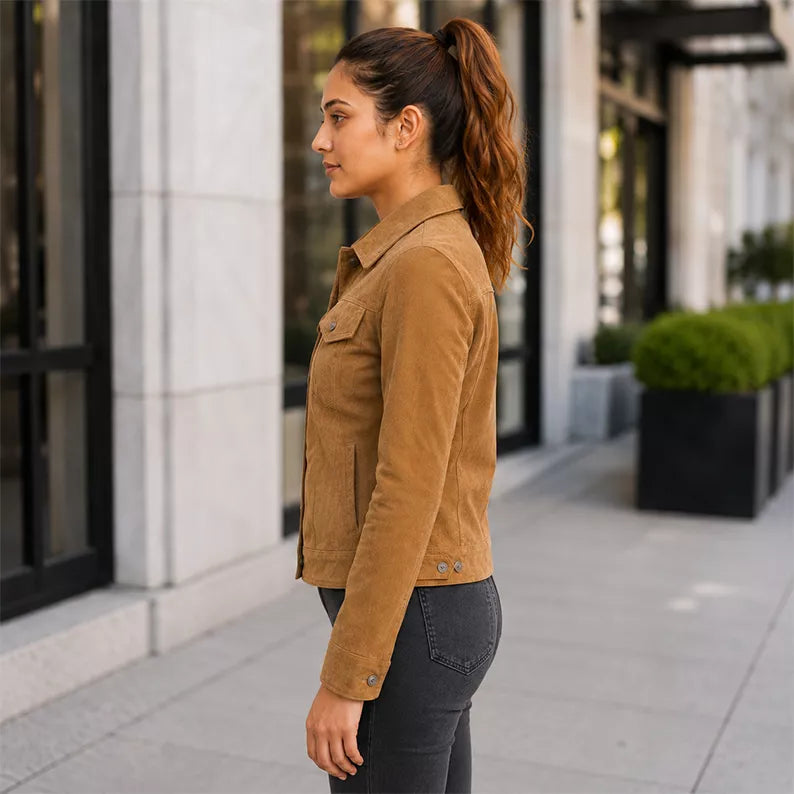Women’s Camel Suede Leather Trucker Jacket | Button-Up Casual Jacket