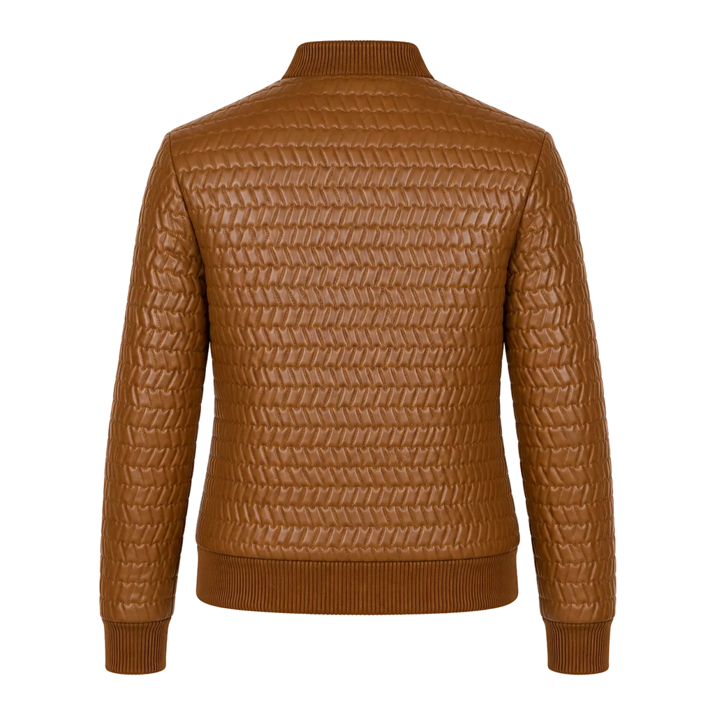 Women’s Cognac Brown Quilted Leather Bomber Jacket | Zip-Up Winter Jacket
