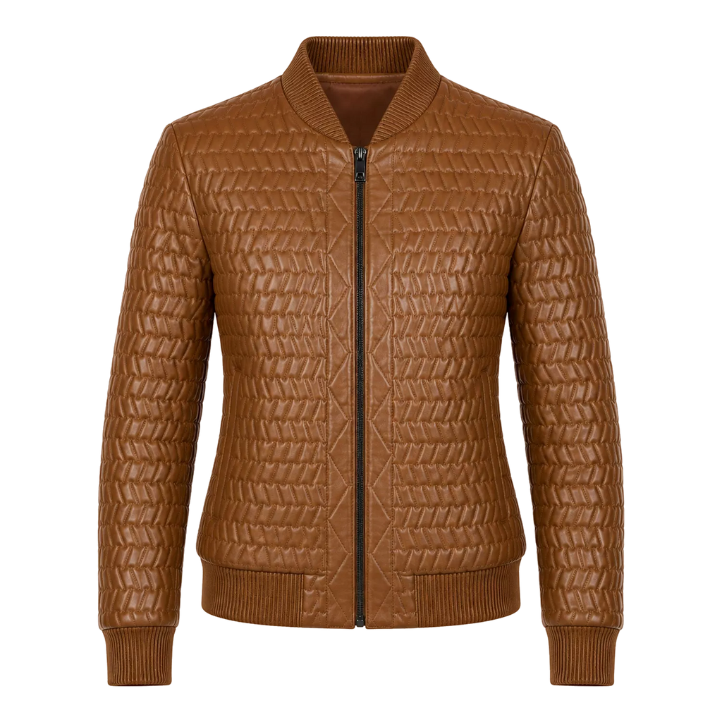 Women’s Cognac Brown Quilted Leather Bomber Jacket | Zip-Up Winter Jacket