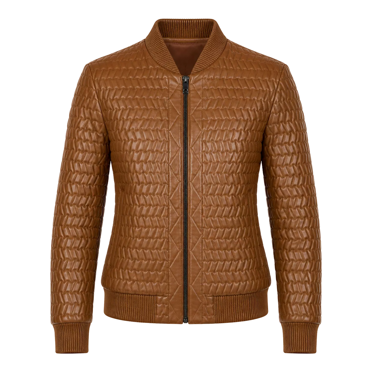 Women’s Cognac Brown Quilted Leather Bomber Jacket | Zip-Up Winter Jacket