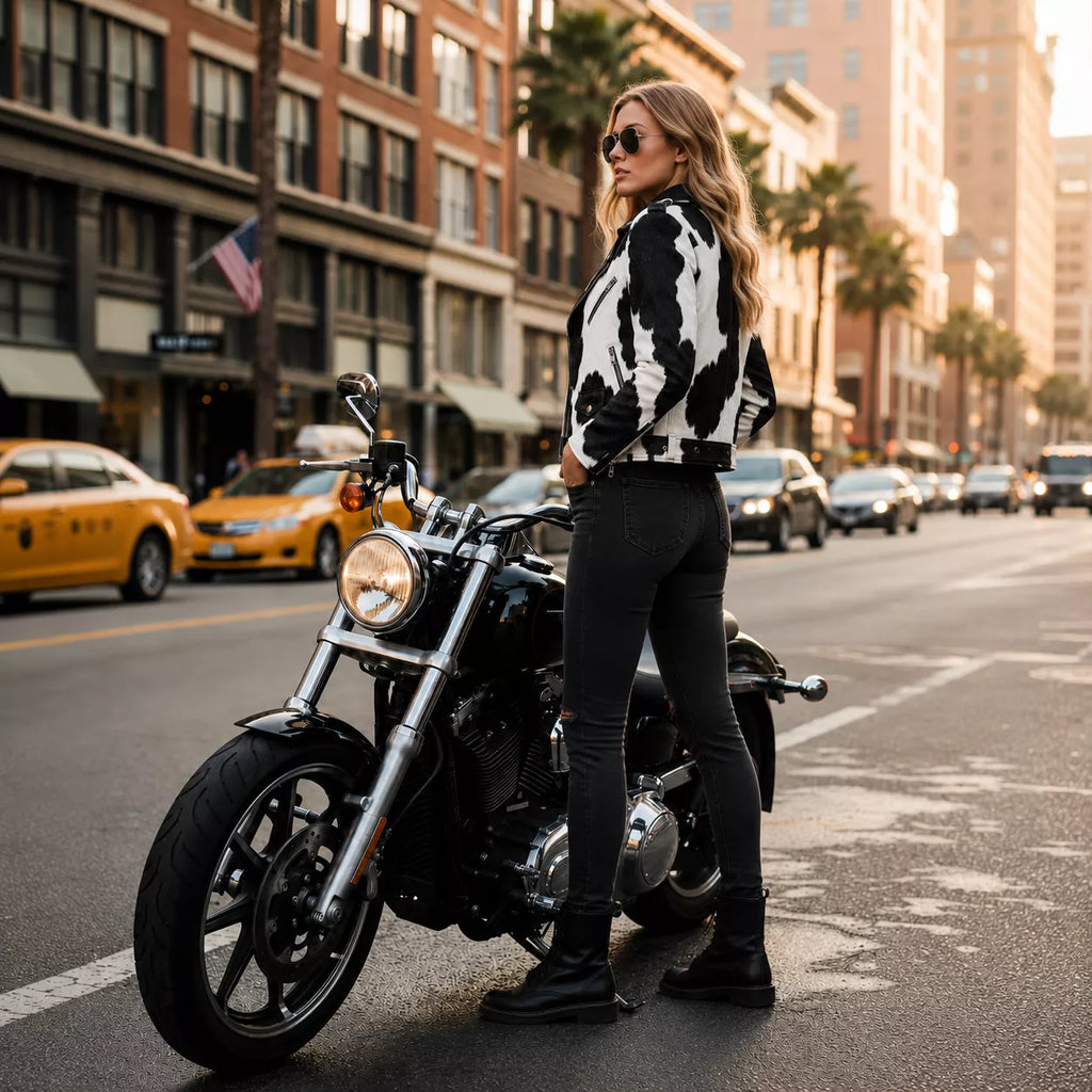 Women's Cowhide Leather Biker Jacket | Real Hair On Western Motorcycle Outerwear