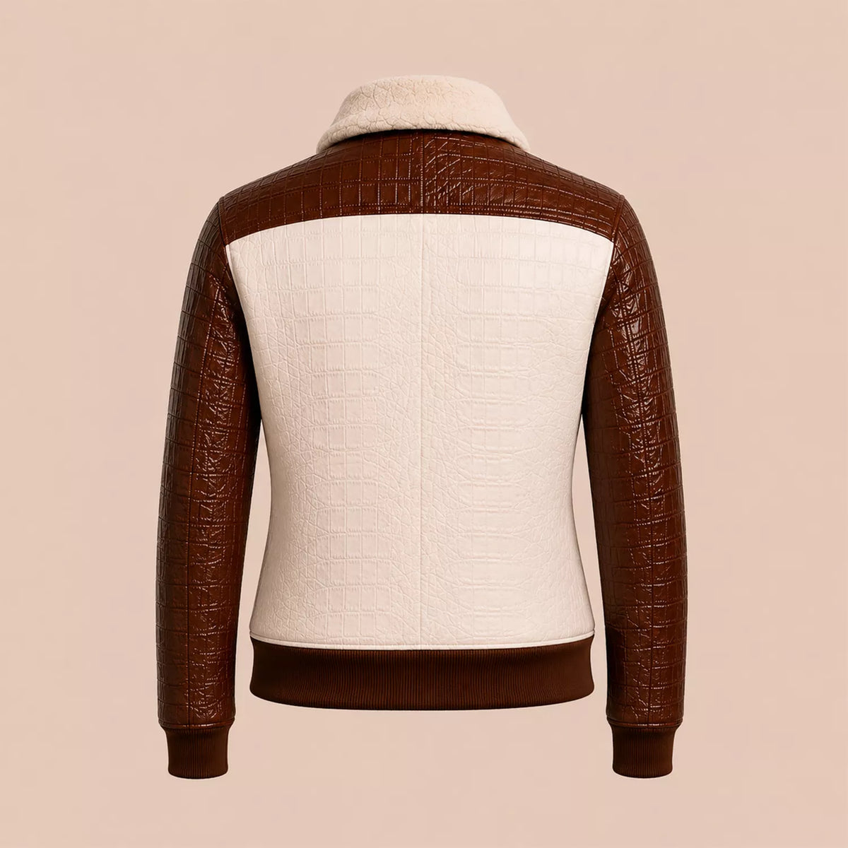 Women's Cream Brown Croc Texture Leather Bomber Jacket