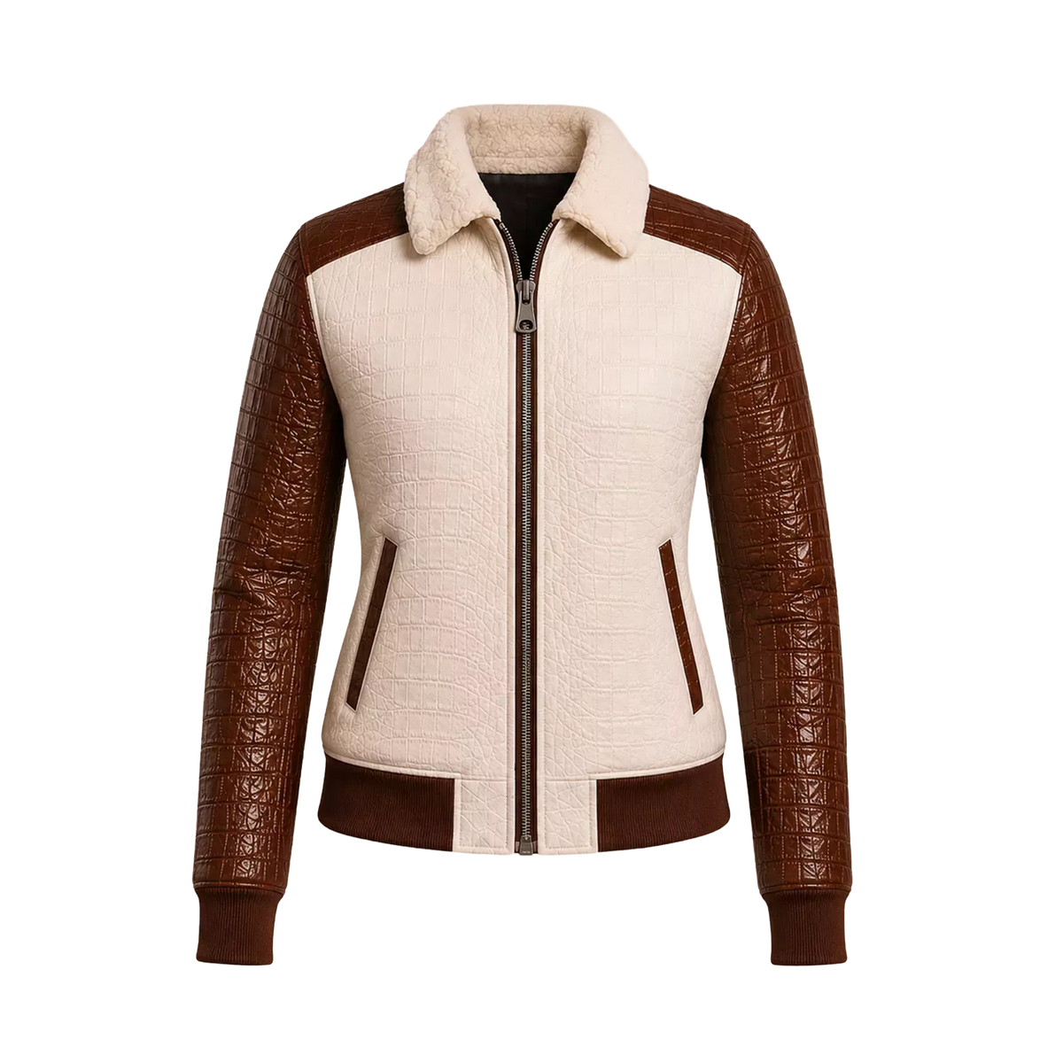Women's Cream Brown Croc Texture Leather Bomber Jacket
