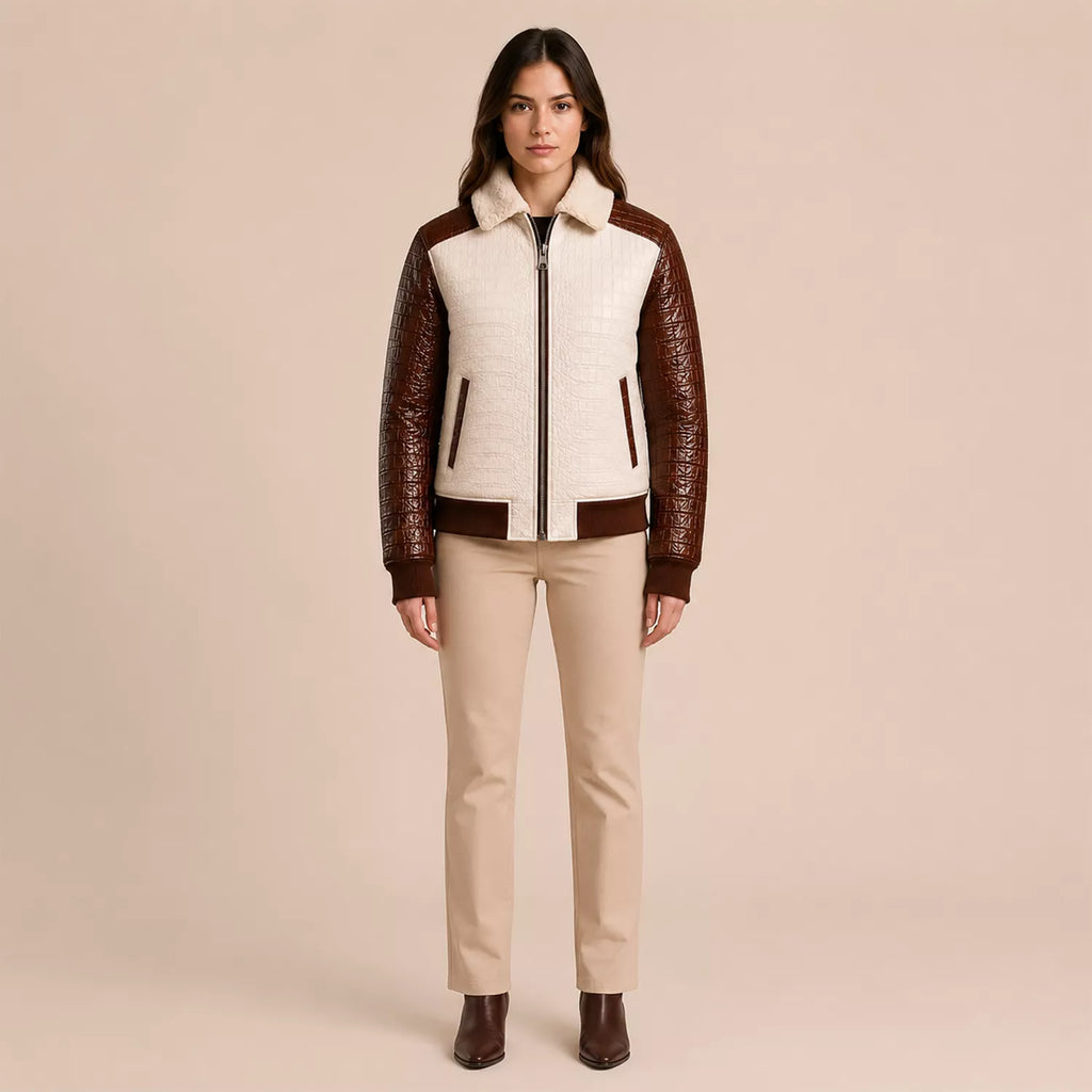 Women's Cream Brown Croc Texture Leather Bomber Jacket