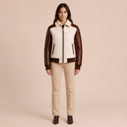 Women's Cream Brown Croc Texture Leather Bomber Jacket