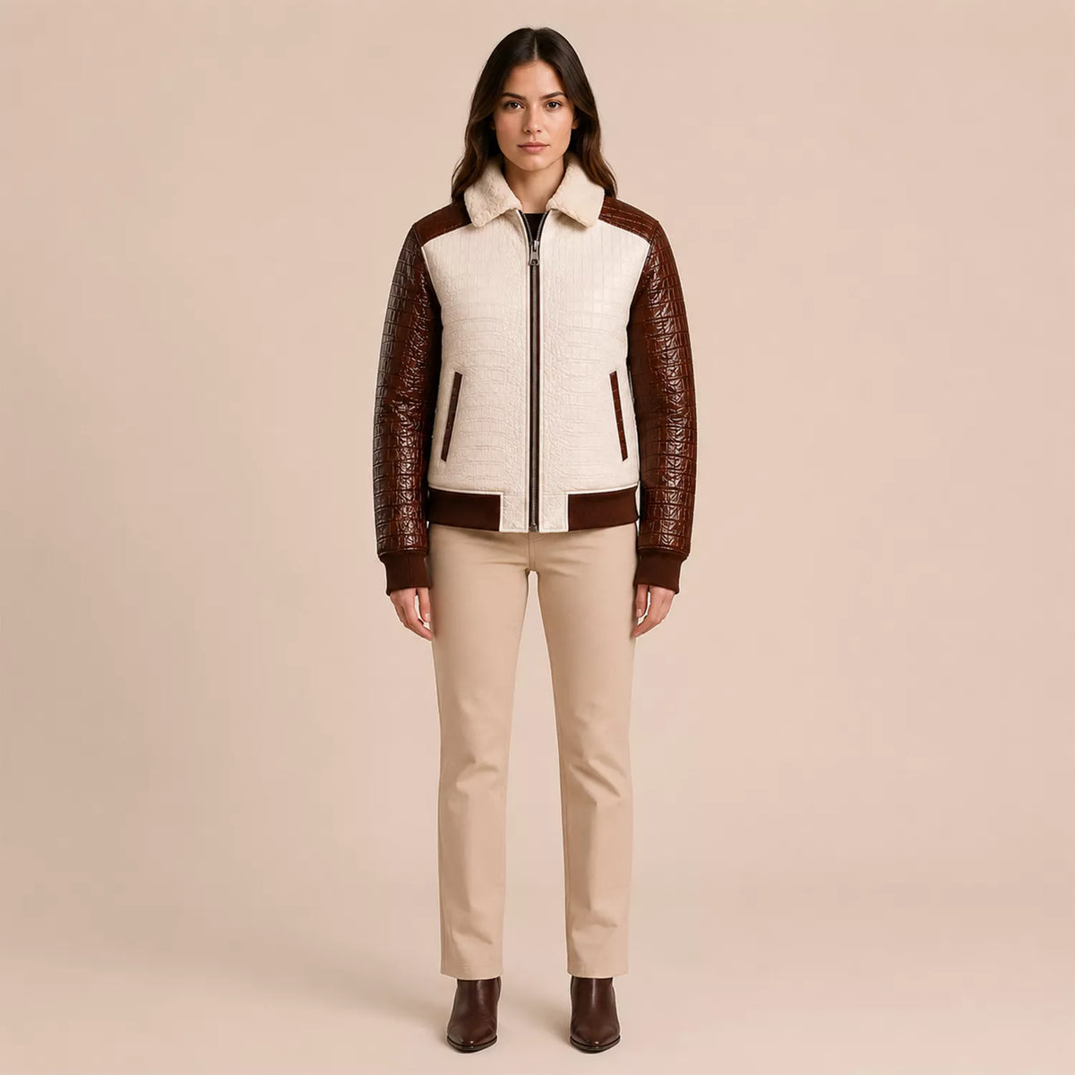 Women's Cream Brown Croc Texture Leather Bomber Jacket