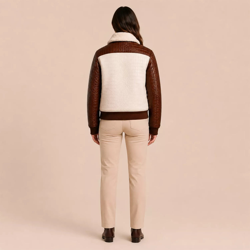 Women's Cream Brown Croc Texture Leather Bomber Jacket